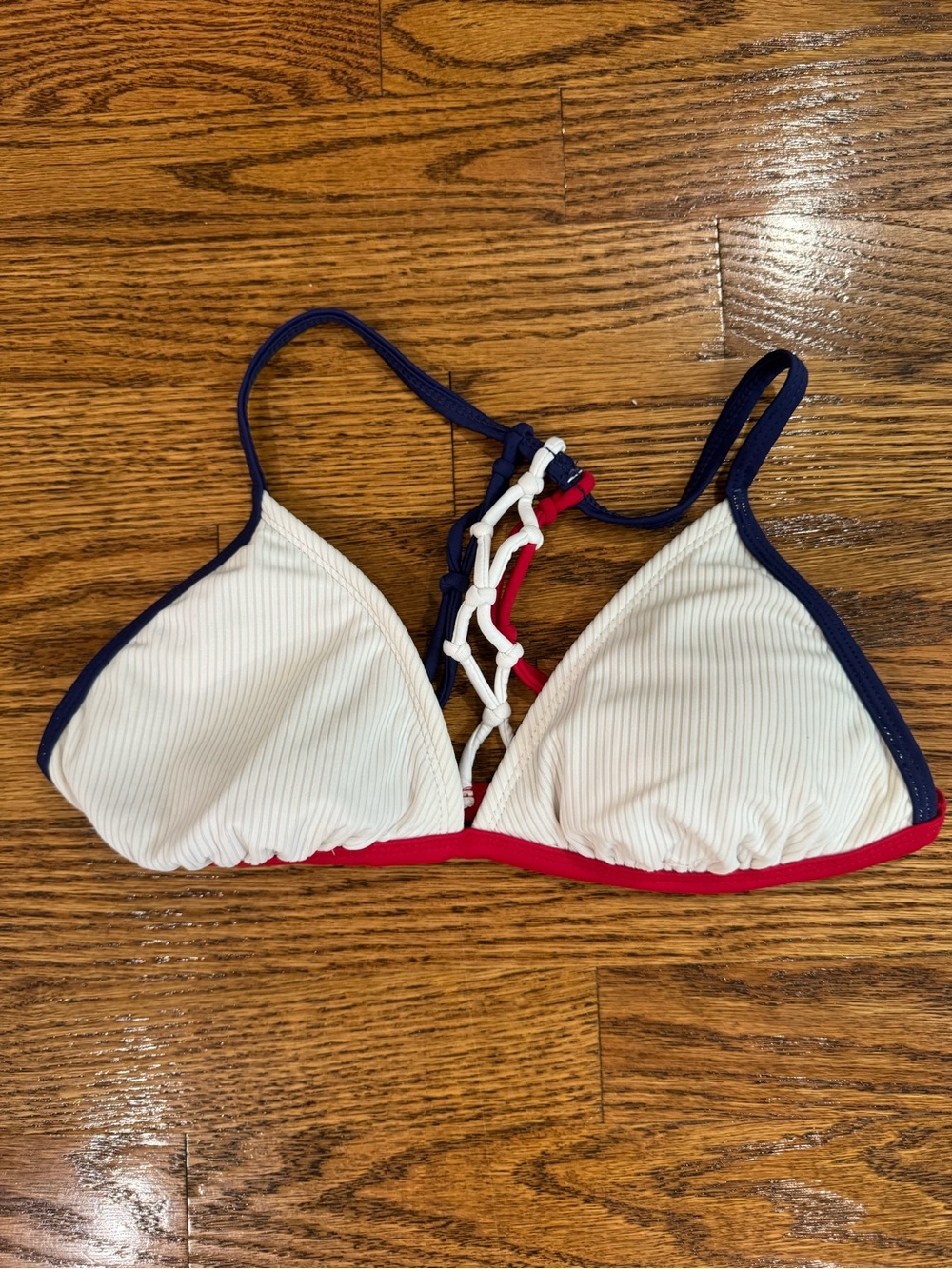 White Ribbed Triangle Swim Top with Red & Navy Trim 4th of July